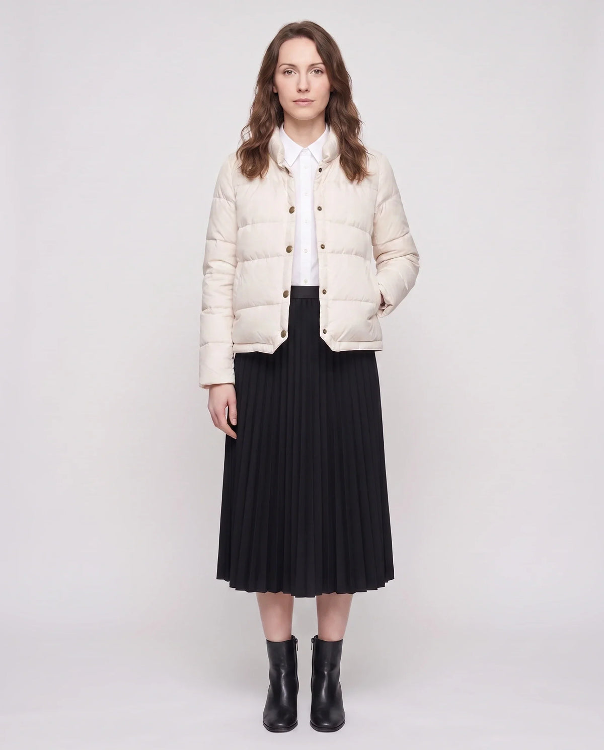 Short Lightweight Puffer Jacket with Brass Poppers