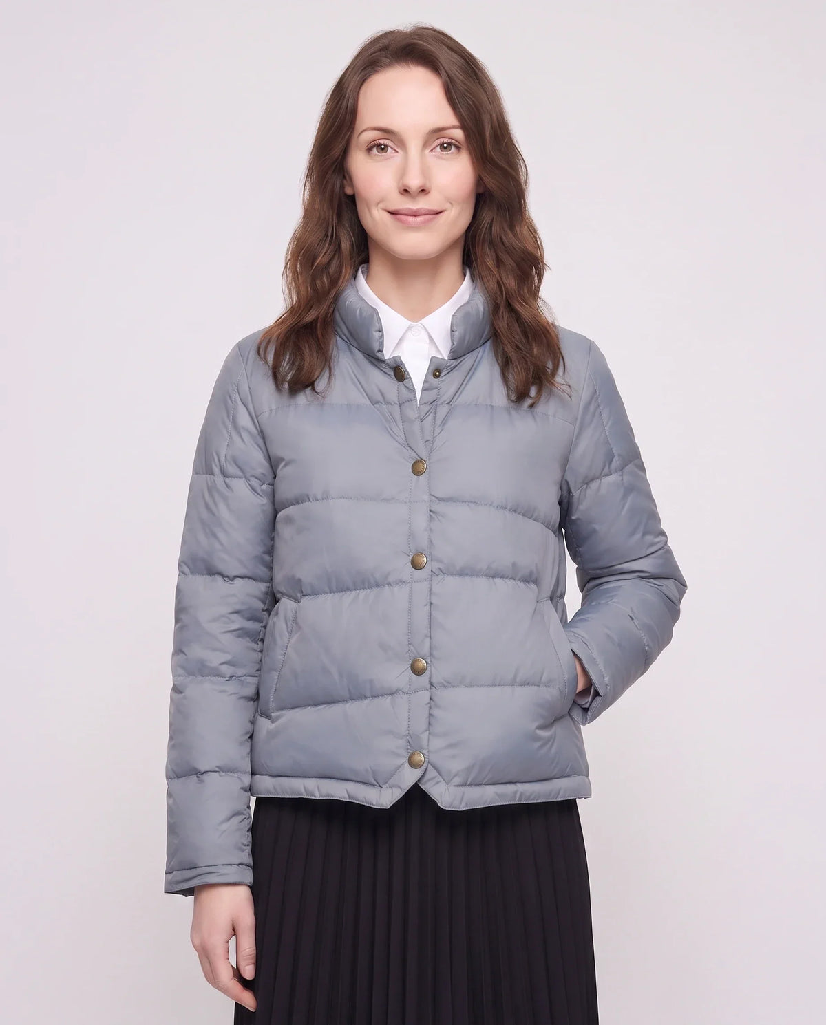 Short Lightweight Puffer Jacket with Brass Poppers