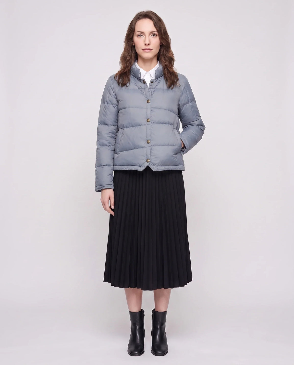Short Lightweight Puffer Jacket with Brass Poppers