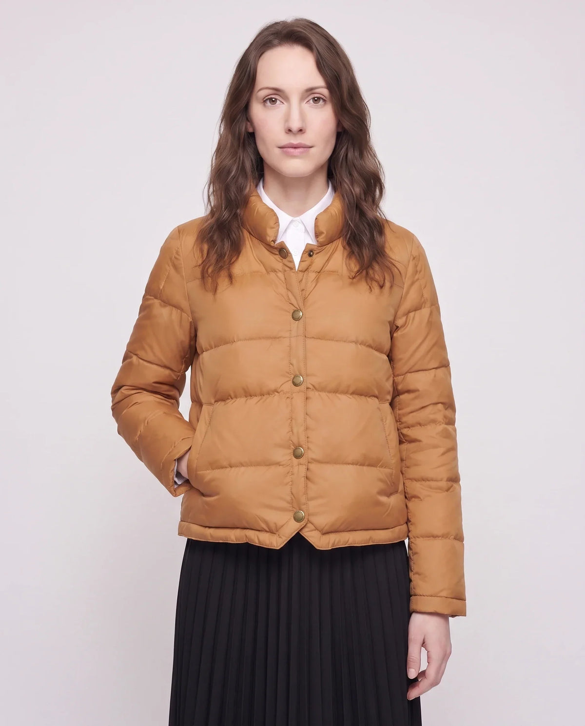 Short Lightweight Puffer Jacket with Brass Poppers