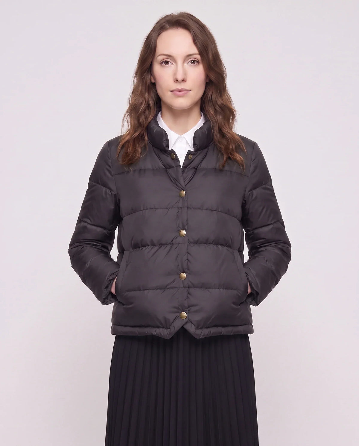 Short Lightweight Puffer Jacket with Brass Poppers