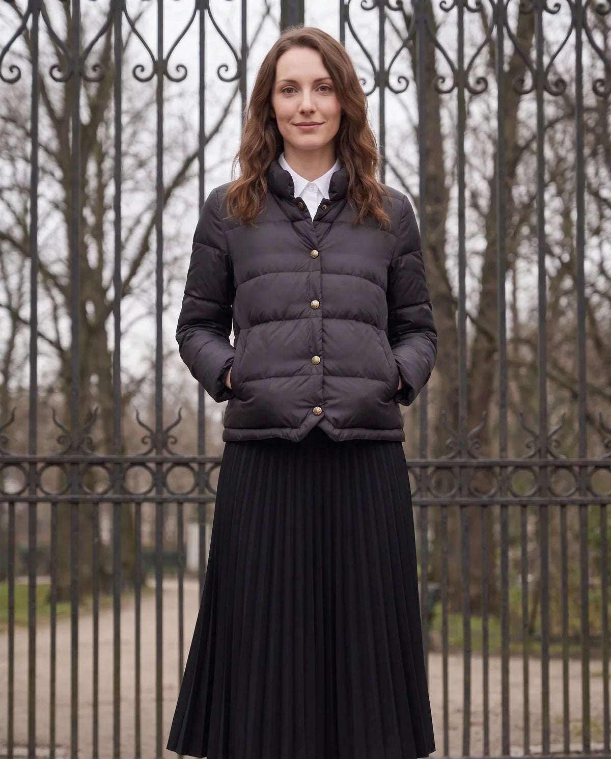 Short Lightweight Puffer Jacket with Brass Poppers
