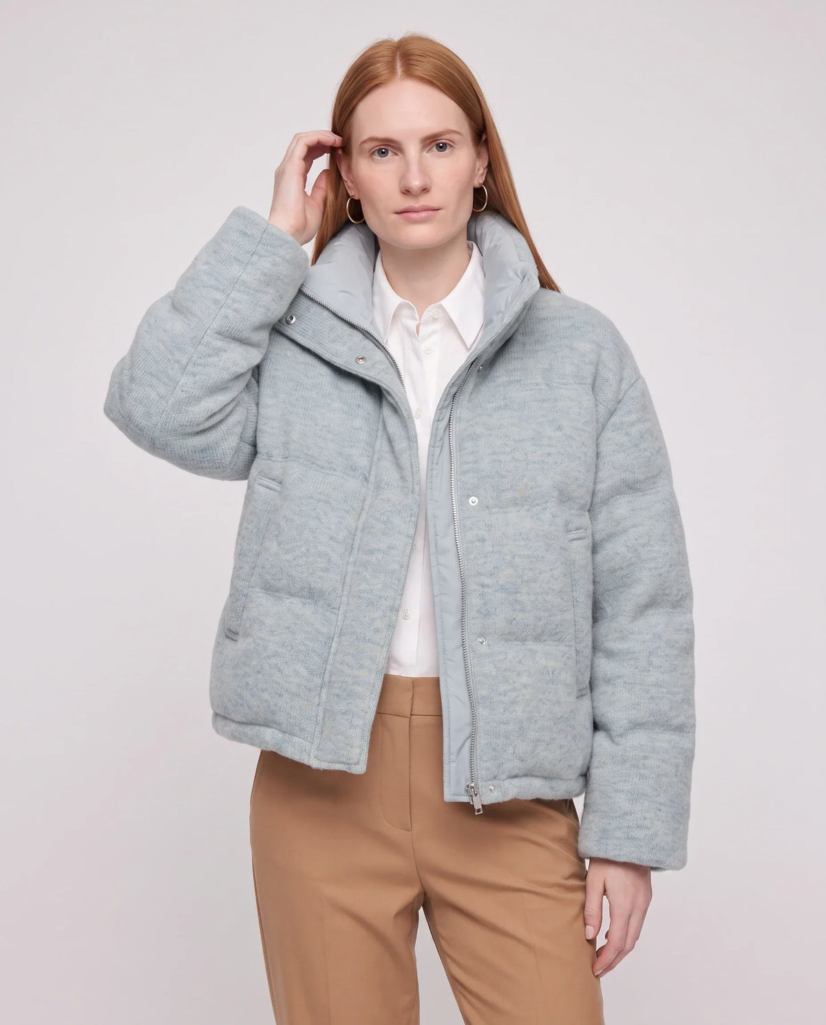 Short Knit Puffer Jacket with Funnel Collar
