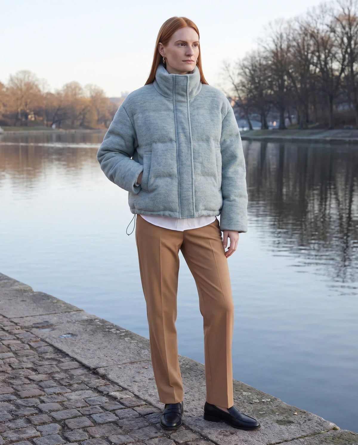 Short Knit Puffer Jacket with Funnel Collar
