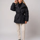 Oversized Mid-Thigh Puffer Jacket with Shawl Collar and Belt
