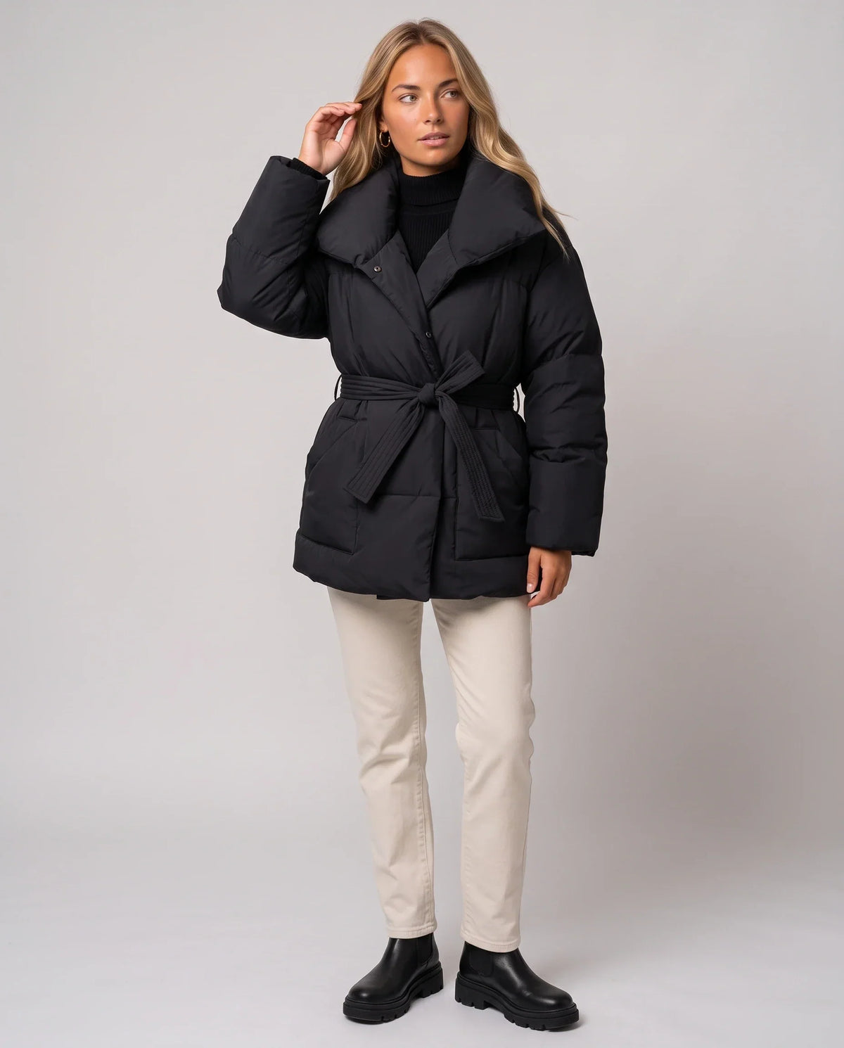 Oversized Mid-Thigh Puffer Jacket with Shawl Collar and Belt