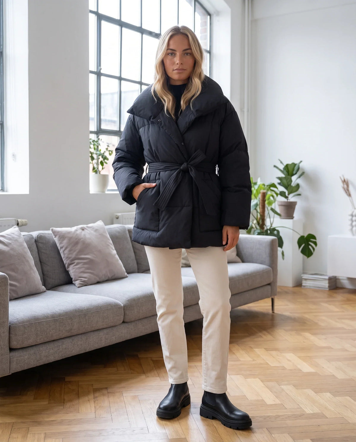 Oversized Mid-Thigh Puffer Jacket with Shawl Collar and Belt