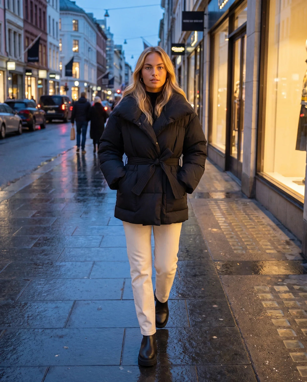 Oversized Mid-Thigh Puffer Jacket with Shawl Collar and Belt