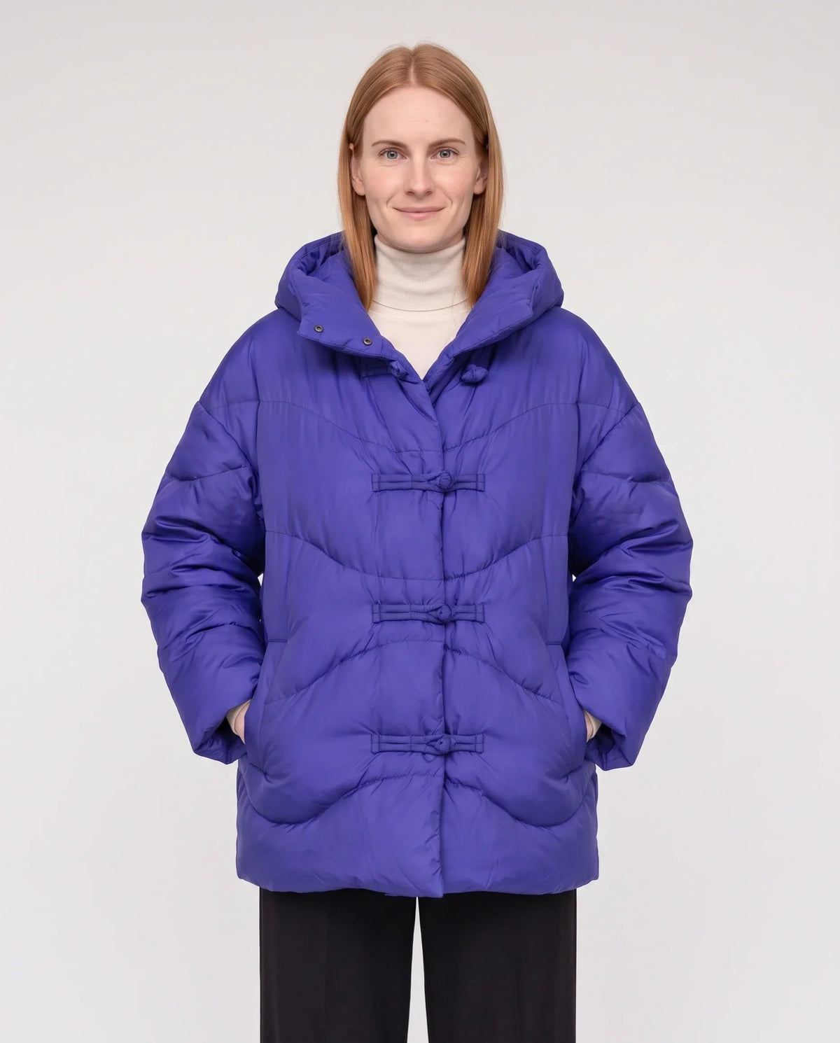 Short Oversized Hooded Puffer Jacket with Frog Fastenings