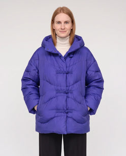 Short Oversized Hooded Puffer Jacket with Frog Fastenings