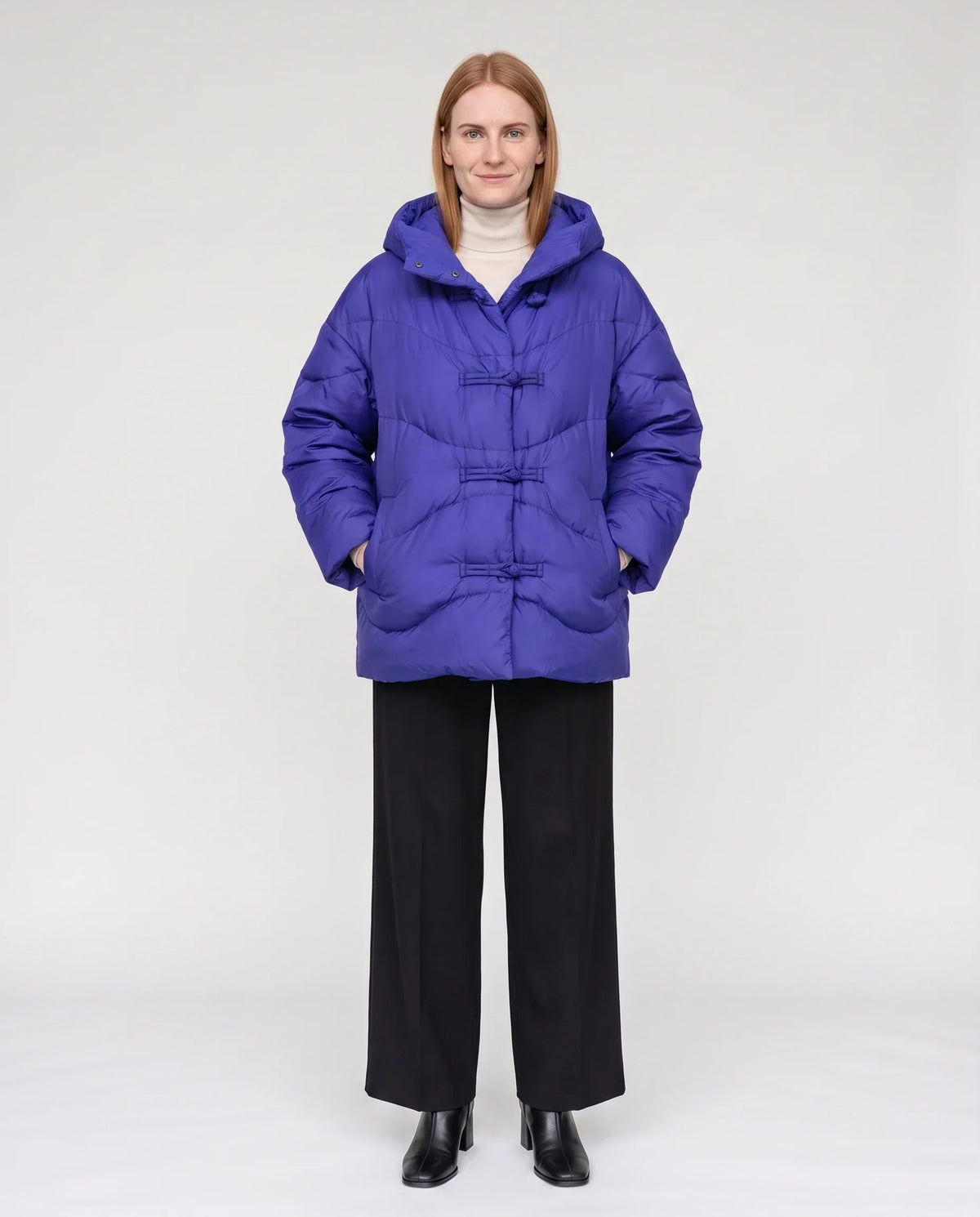 Short Oversized Hooded Puffer Jacket with Frog Fastenings