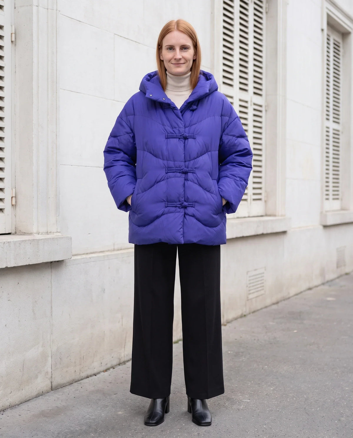 Short Oversized Hooded Puffer Jacket with Frog Fastenings