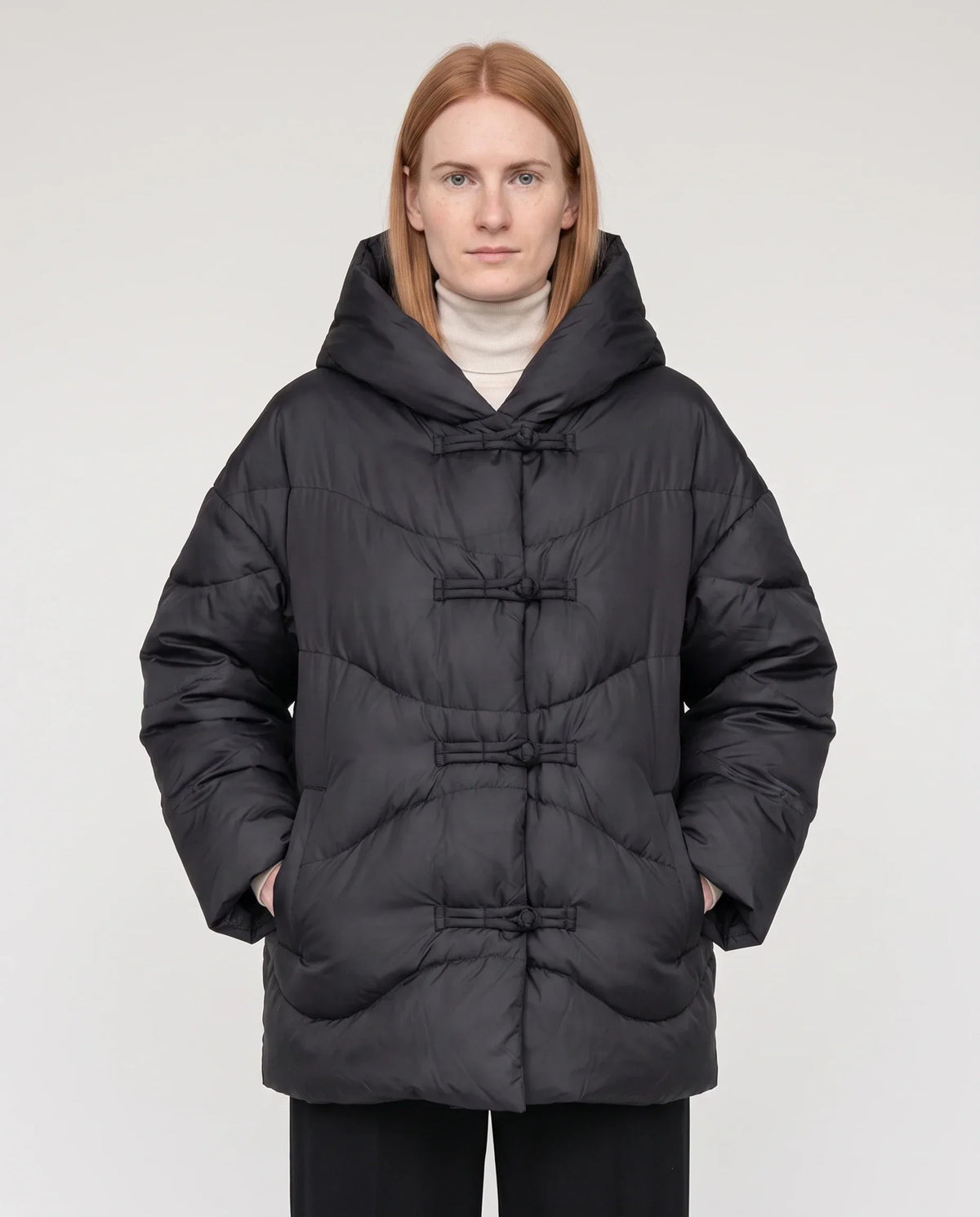 Short Oversized Hooded Puffer Jacket with Frog Fastenings