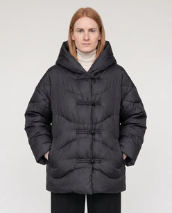 Short Oversized Hooded Puffer Jacket with Frog Fastenings