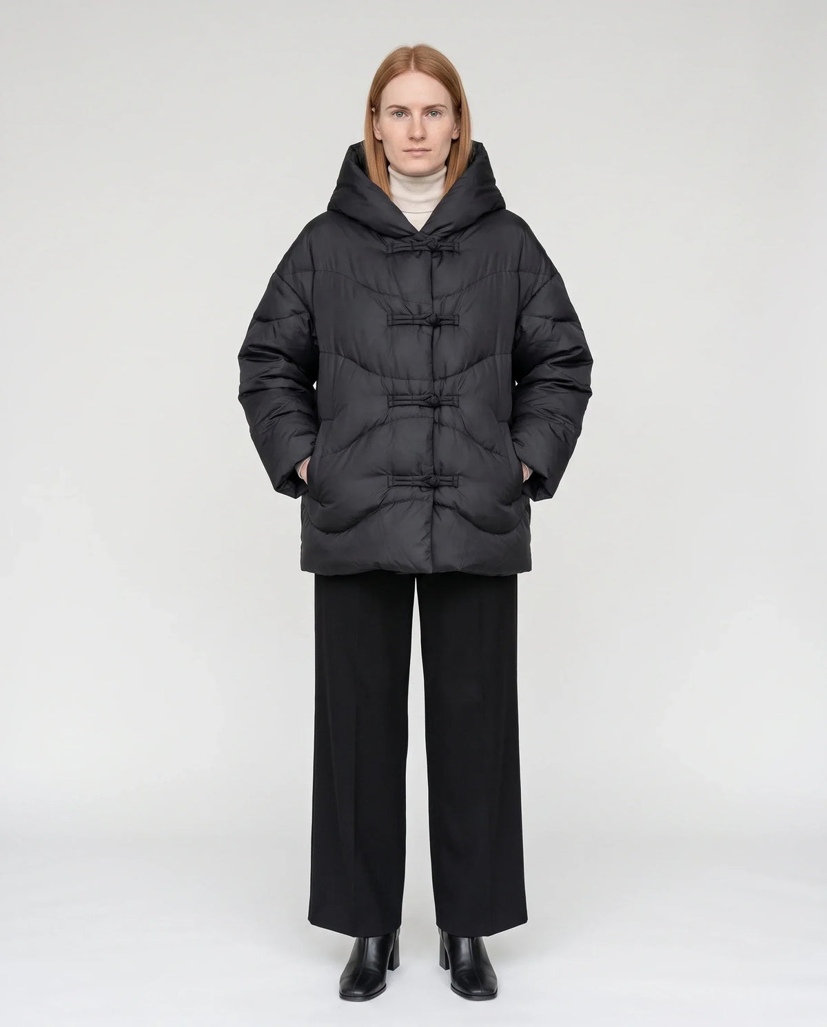 Short Oversized Hooded Puffer Jacket with Frog Fastenings