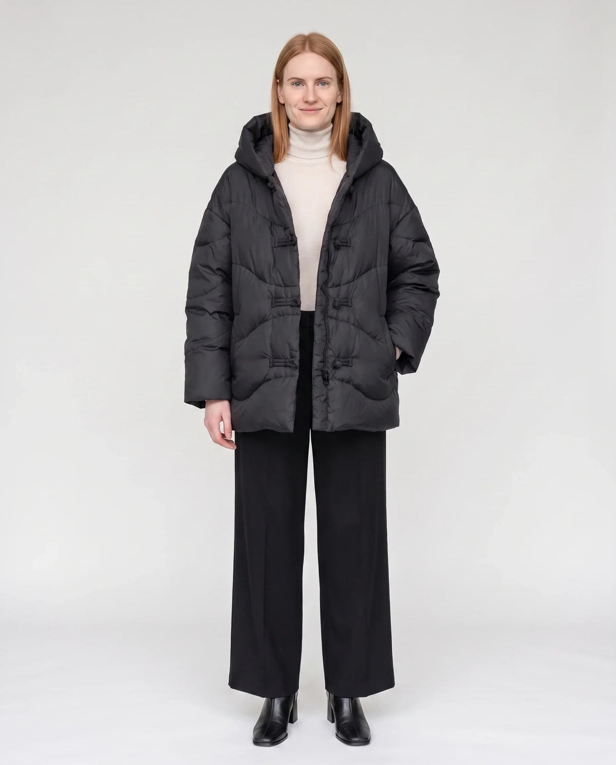 Short Oversized Hooded Puffer Jacket with Frog Fastenings