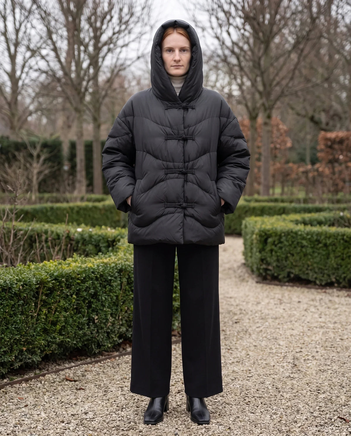 Short Oversized Hooded Puffer Jacket with Frog Fastenings