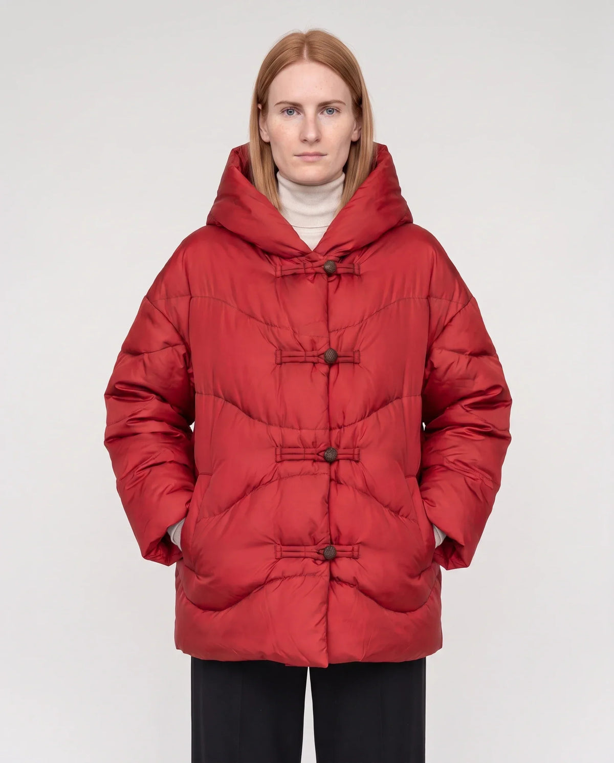 Short Oversized Hooded Puffer Jacket with Frog Fastenings