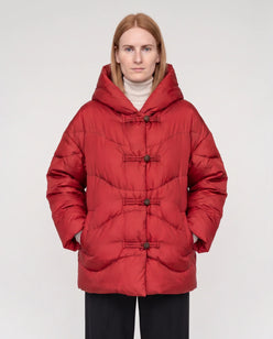 Short Oversized Hooded Puffer Jacket with Frog Fastenings