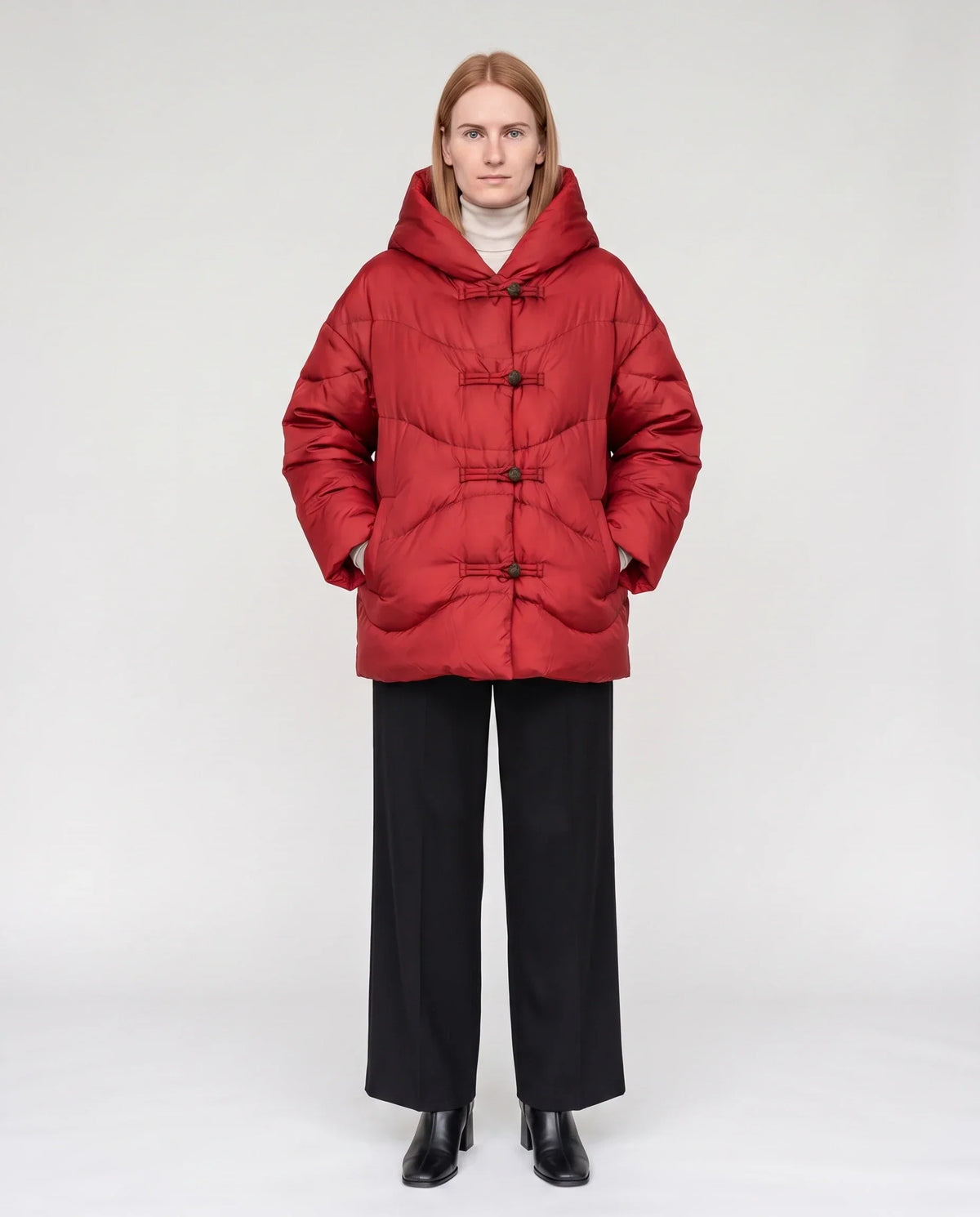 Short Oversized Hooded Puffer Jacket with Frog Fastenings