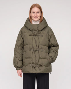Short Oversized Hooded Puffer Jacket with Frog Fastenings