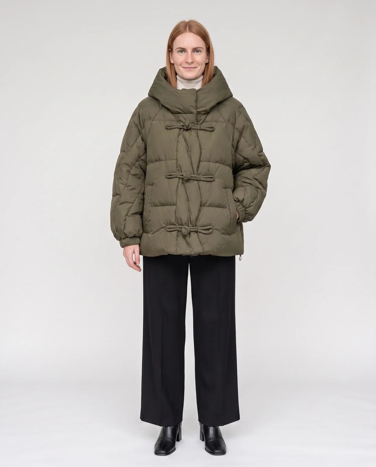 Short Oversized Hooded Puffer Jacket with Frog Fastenings