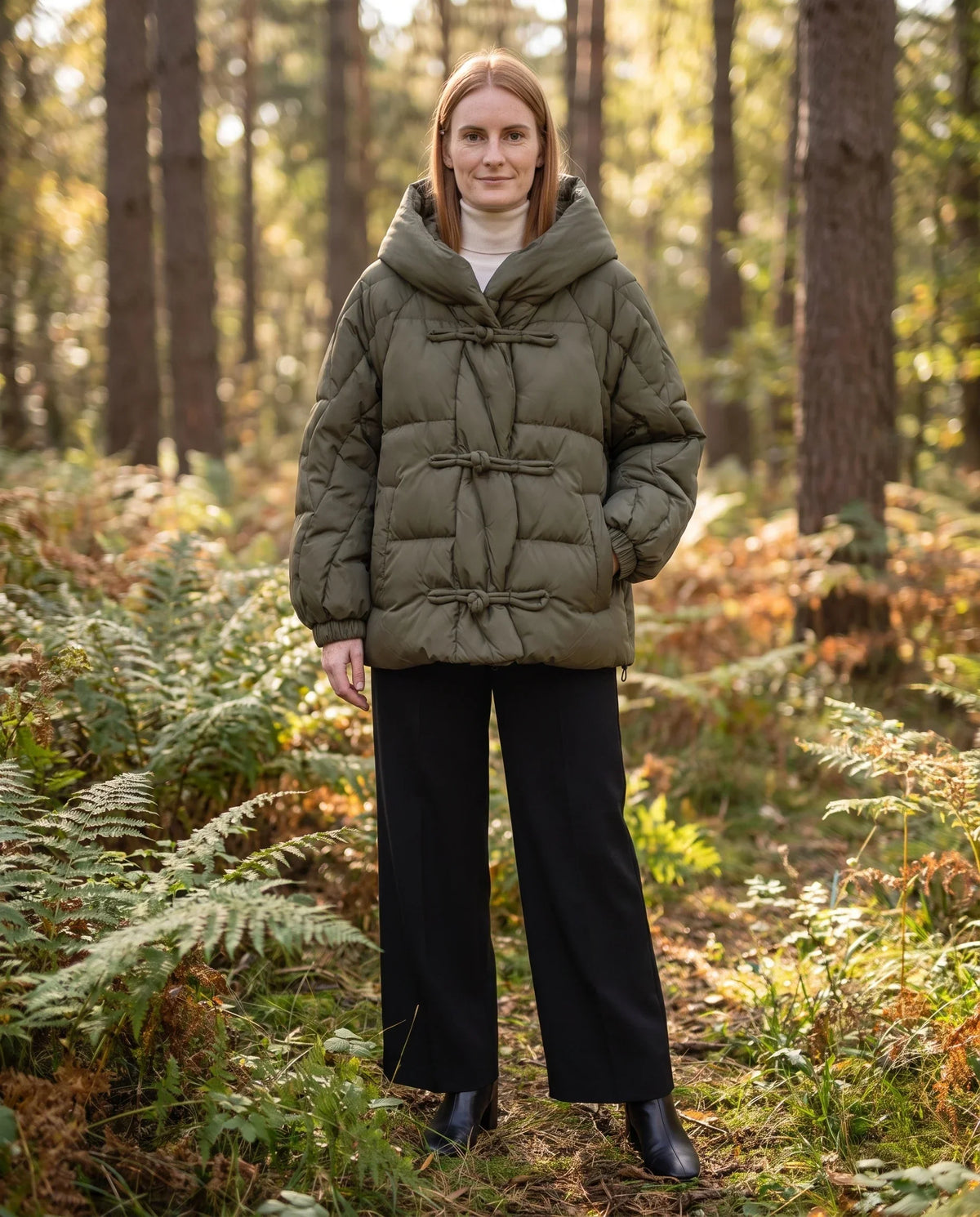 Short Oversized Hooded Puffer Jacket with Frog Fastenings