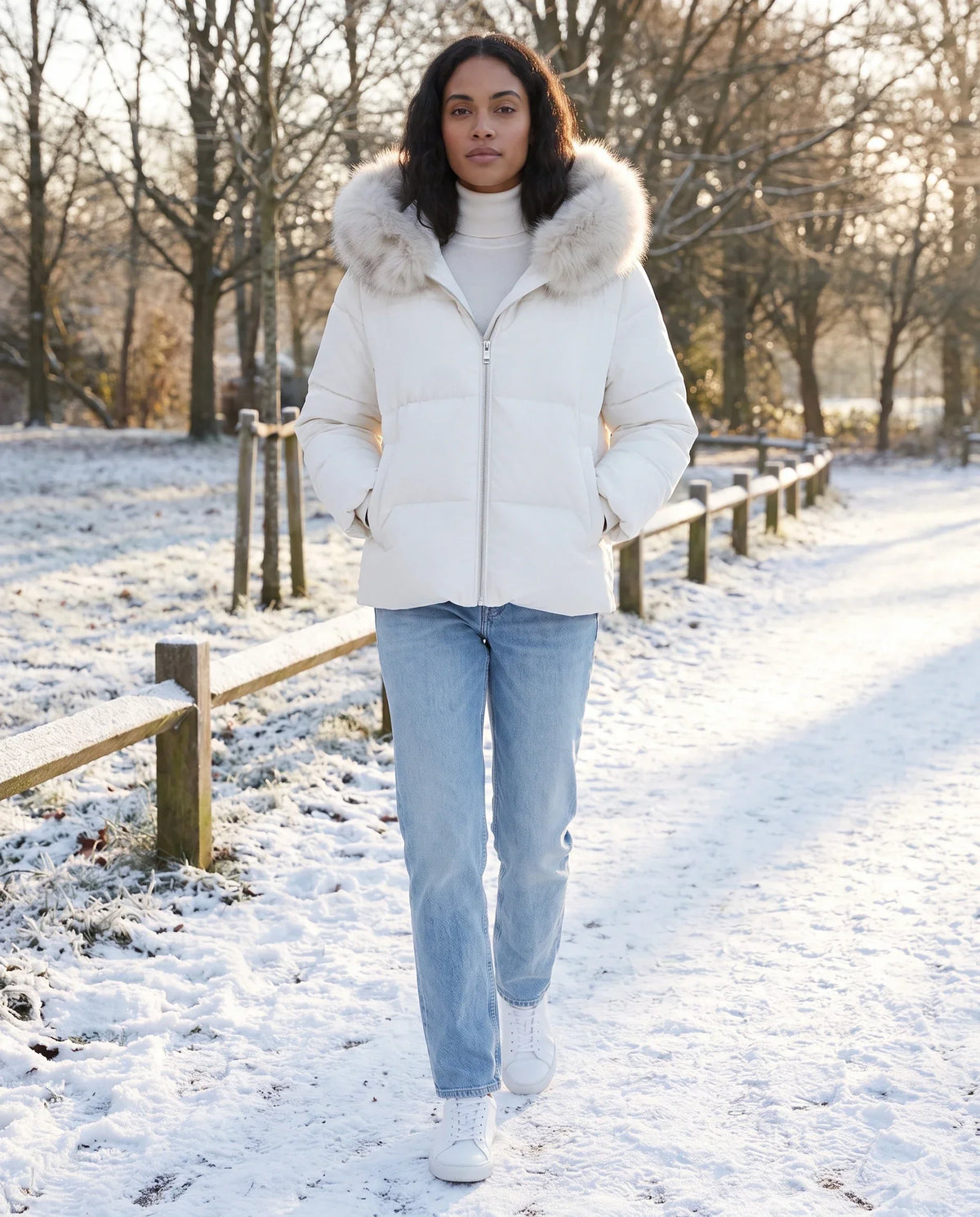 Short Oversized Puffer Jacket with Faux Fur Hood