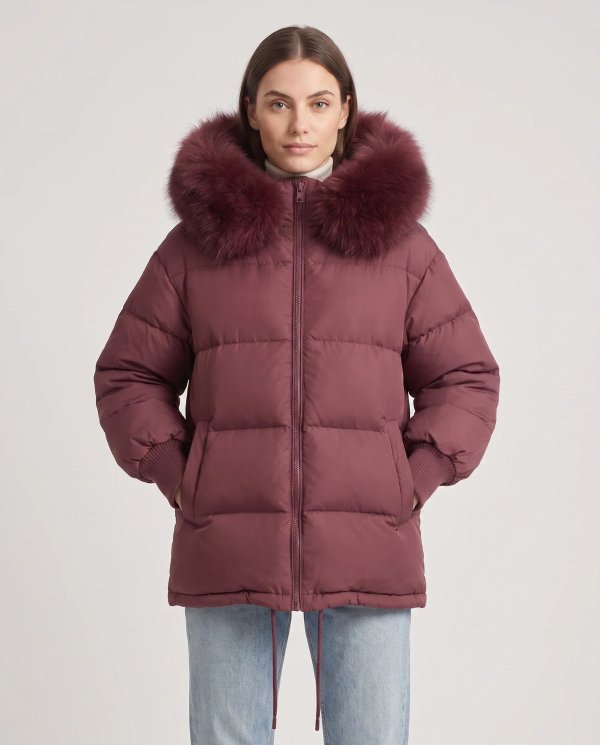 Short Oversized Puffer Jacket with Faux Fur Hood