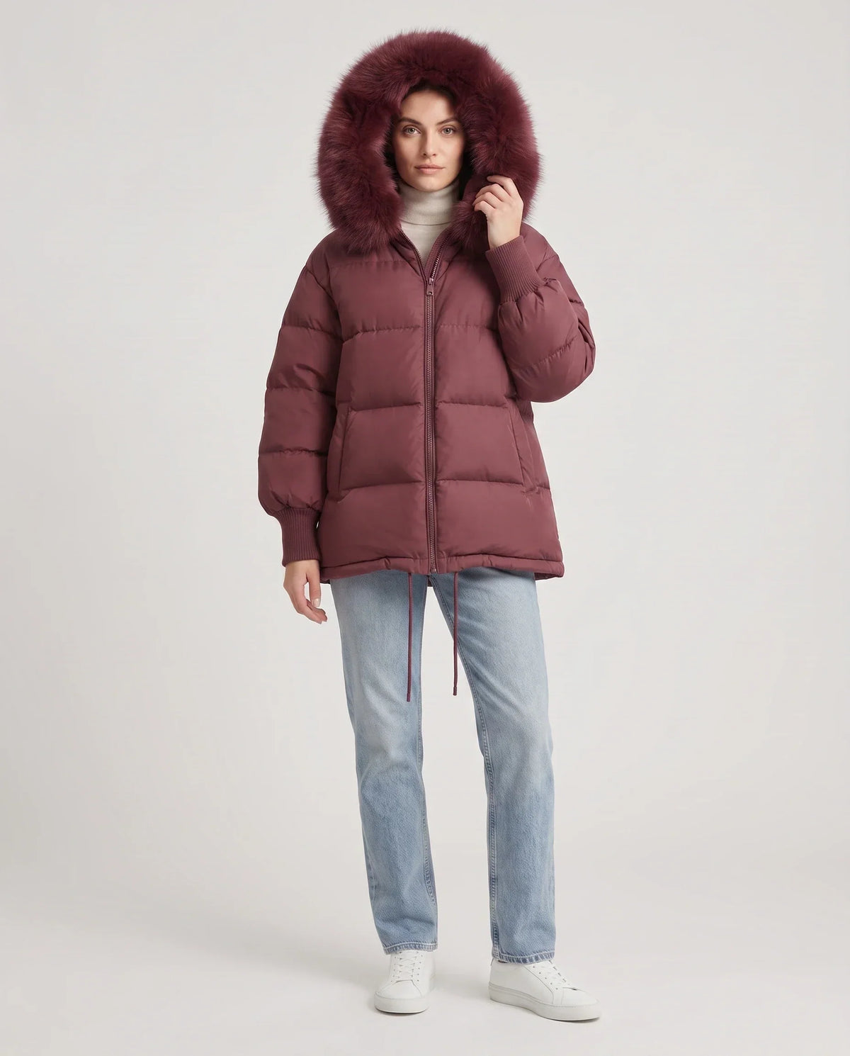 Short Oversized Puffer Jacket with Faux Fur Hood