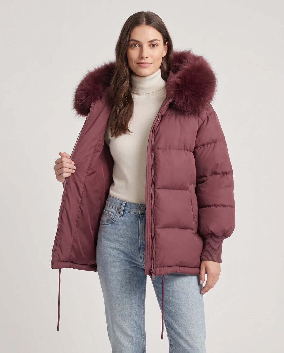 Short Oversized Puffer Jacket with Faux Fur Hood