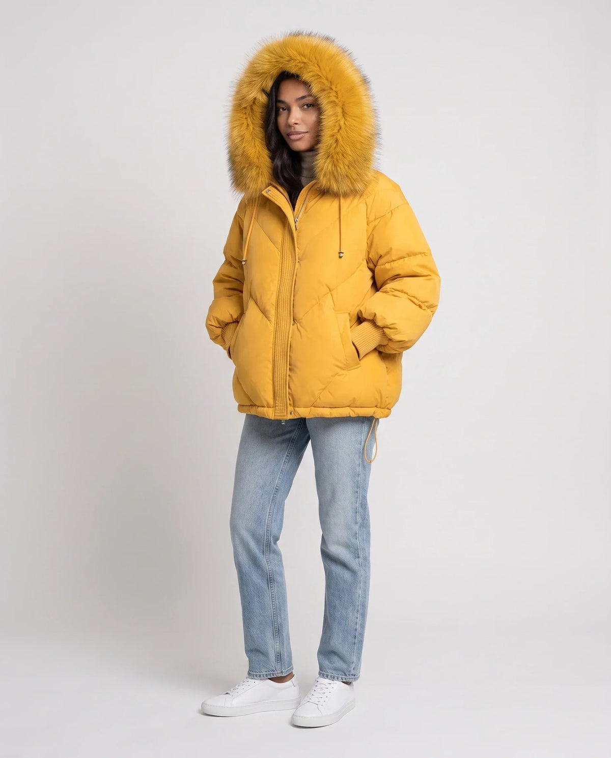 Short Oversized Puffer Jacket with Faux Fur Hood