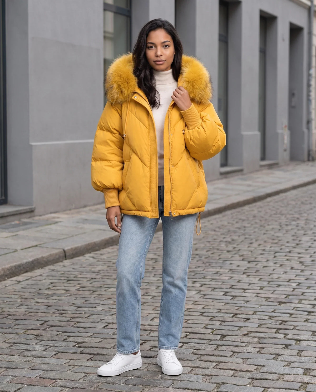 Short Oversized Puffer Jacket with Faux Fur Hood