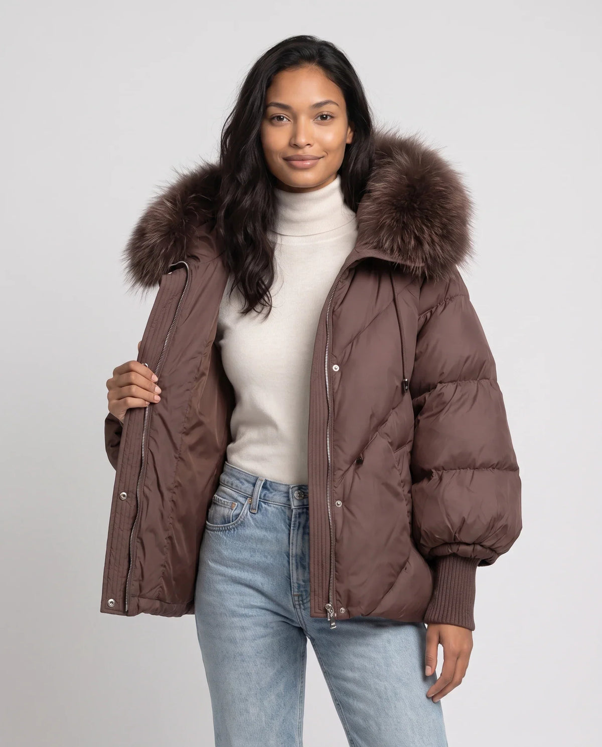 Short Oversized Puffer Jacket with Faux Fur Hood