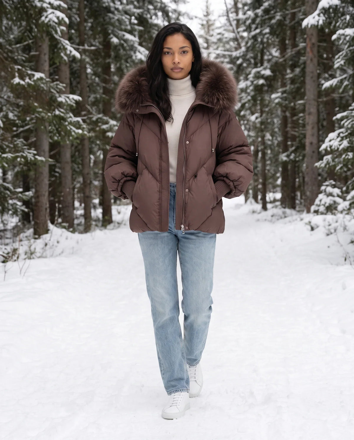 Short Oversized Puffer Jacket with Faux Fur Hood