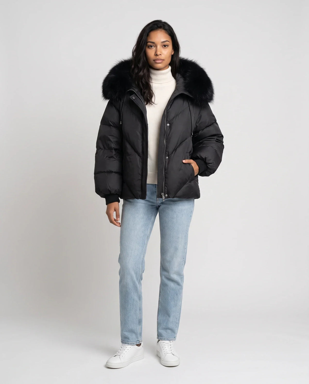 Short Oversized Puffer Jacket with Faux Fur Hood