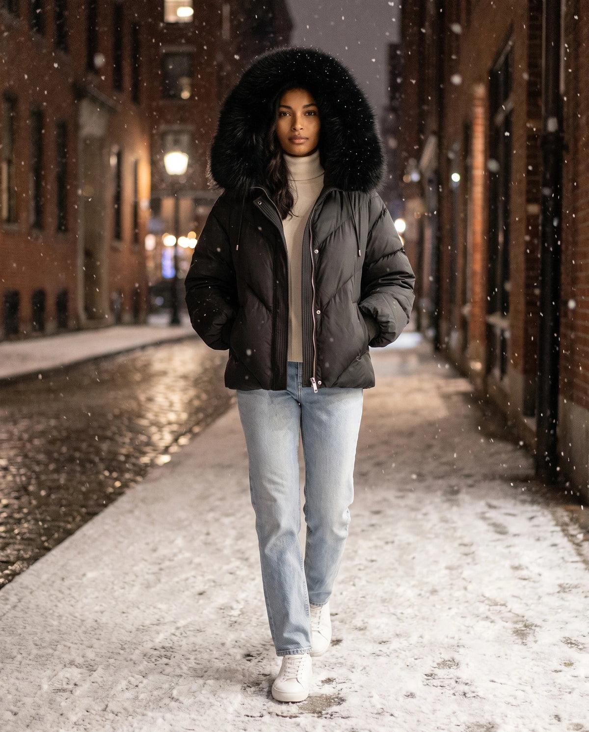 Short Oversized Puffer Jacket with Faux Fur Hood