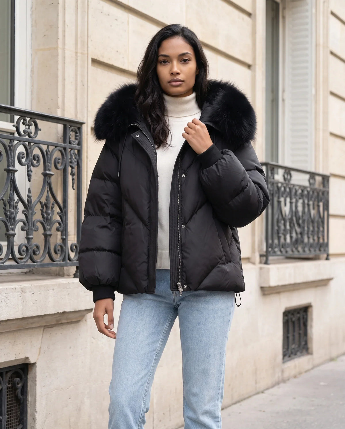 Short Oversized Puffer Jacket with Faux Fur Hood