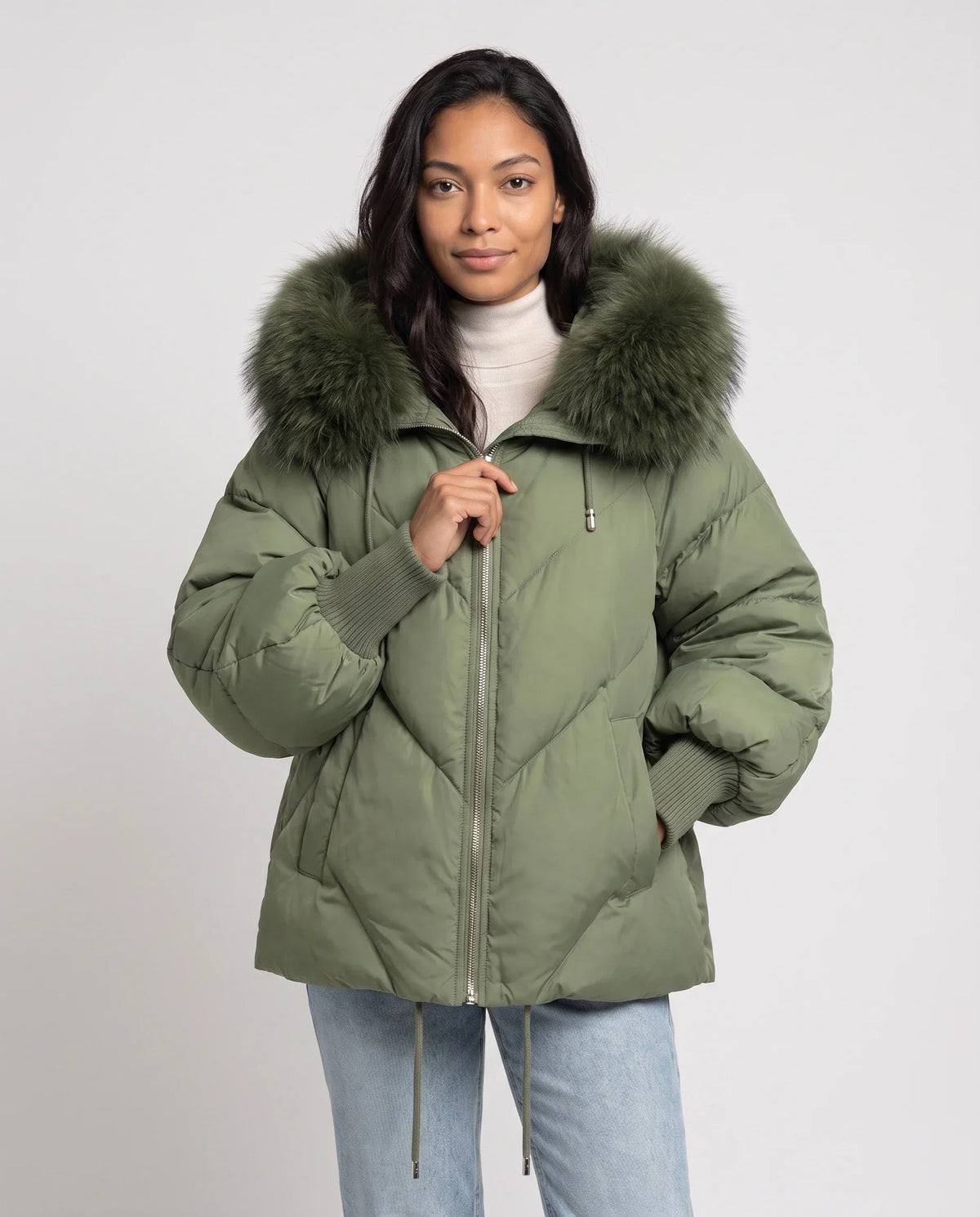 Short Oversized Puffer Jacket with Faux Fur Hood