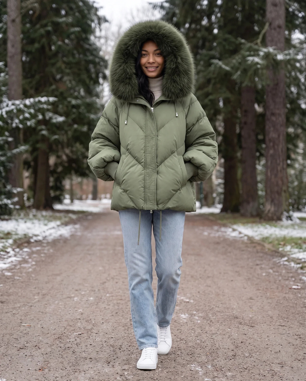 Short Oversized Puffer Jacket with Faux Fur Hood