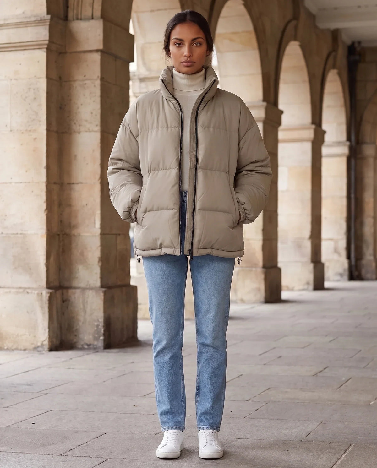 Short Oversized Puffer Jacket with Contrast Zip