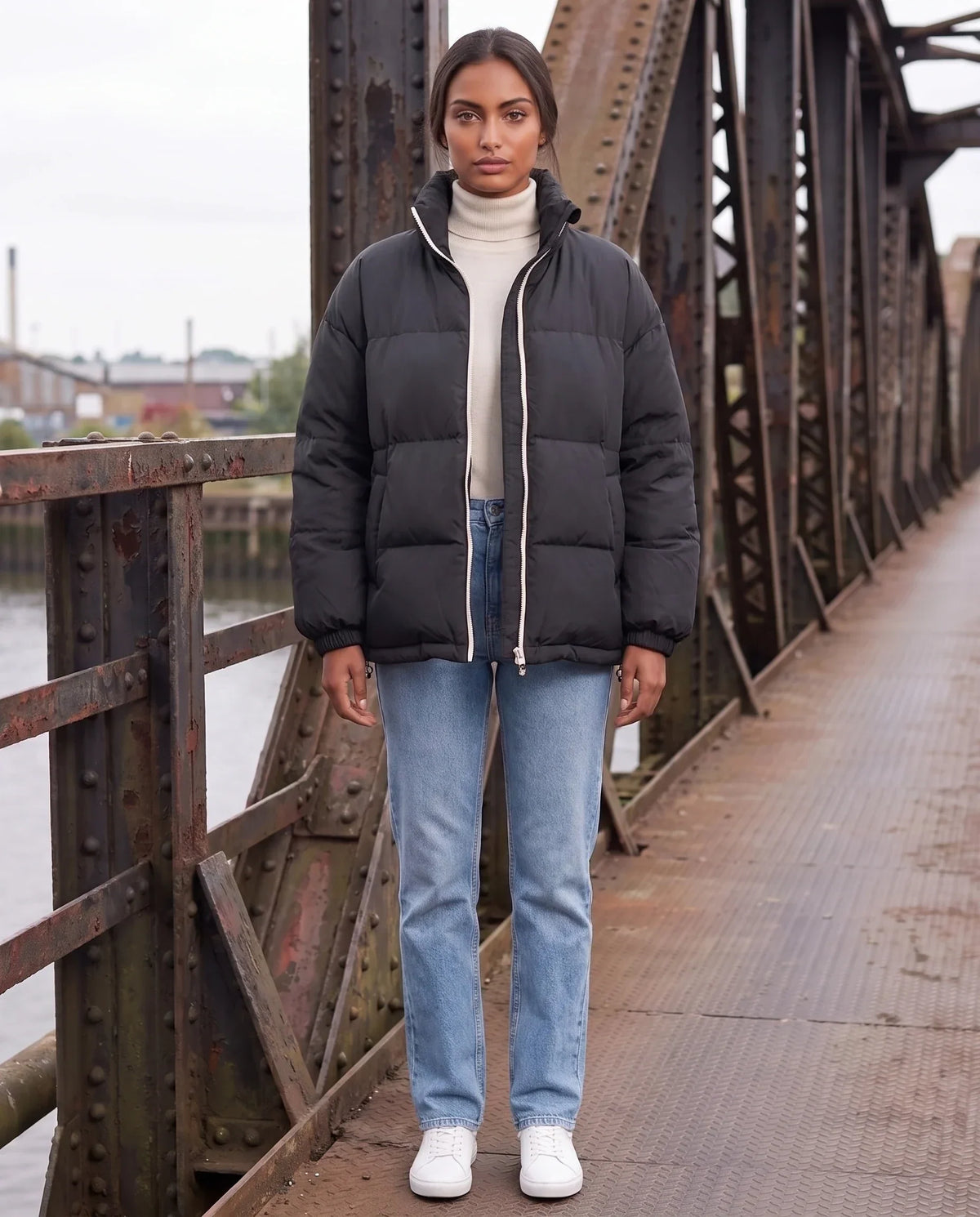 Short Oversized Puffer Jacket with Contrast Zip