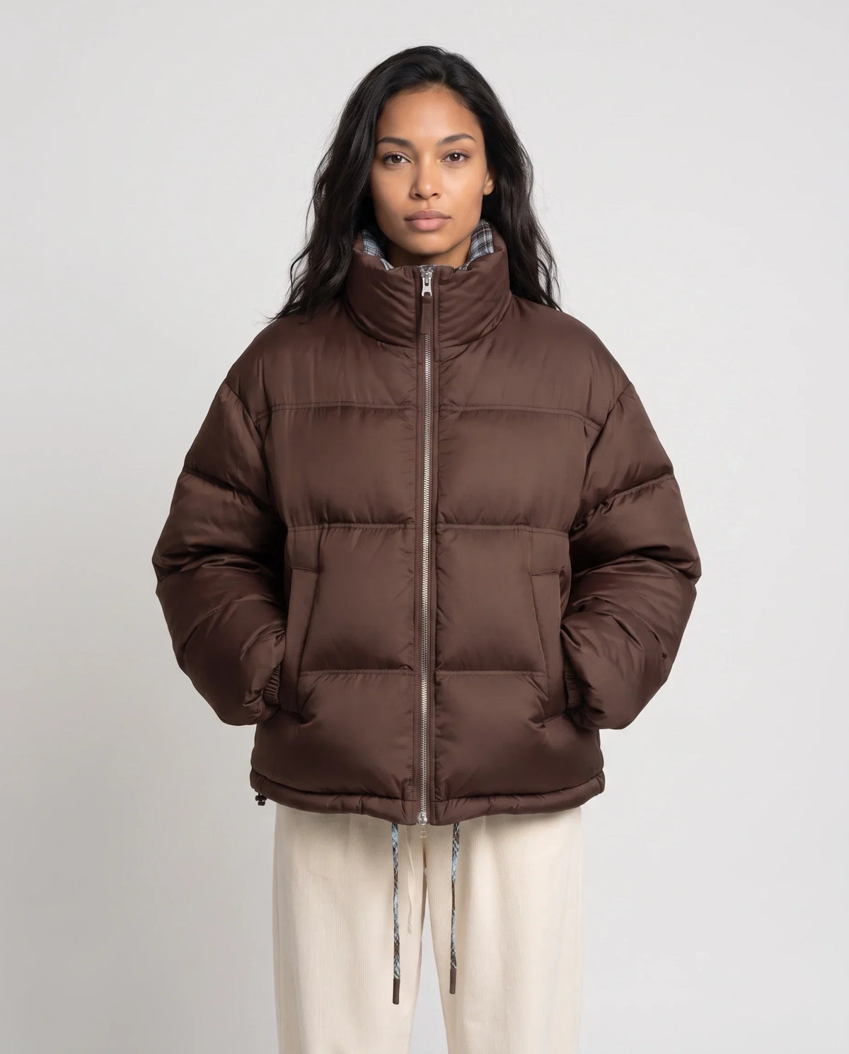 Short Reversible Puffer Jacket in Chocolate and Tartan