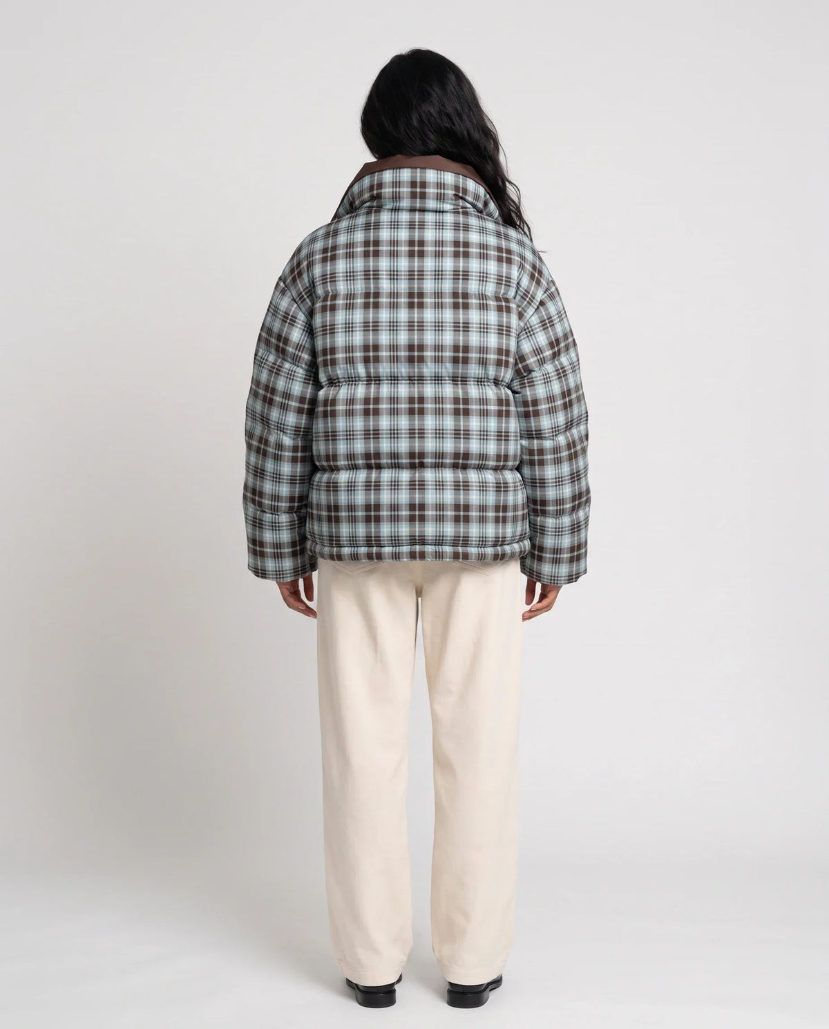 Short Reversible Puffer Jacket in Chocolate and Tartan
