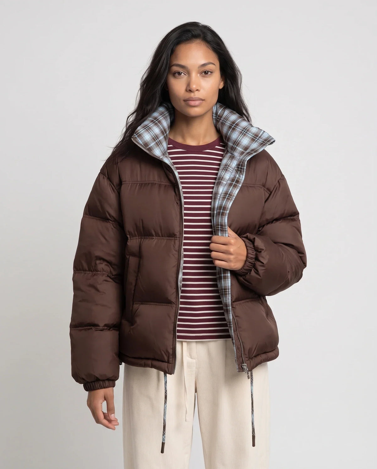 Short Reversible Puffer Jacket in Chocolate and Tartan