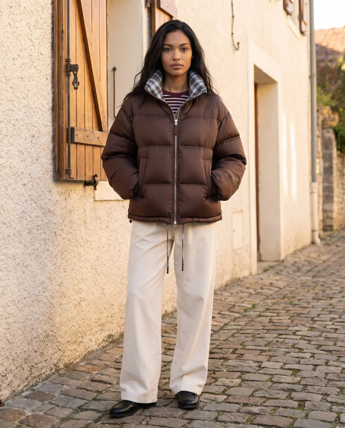 Short Reversible Puffer Jacket in Chocolate and Tartan