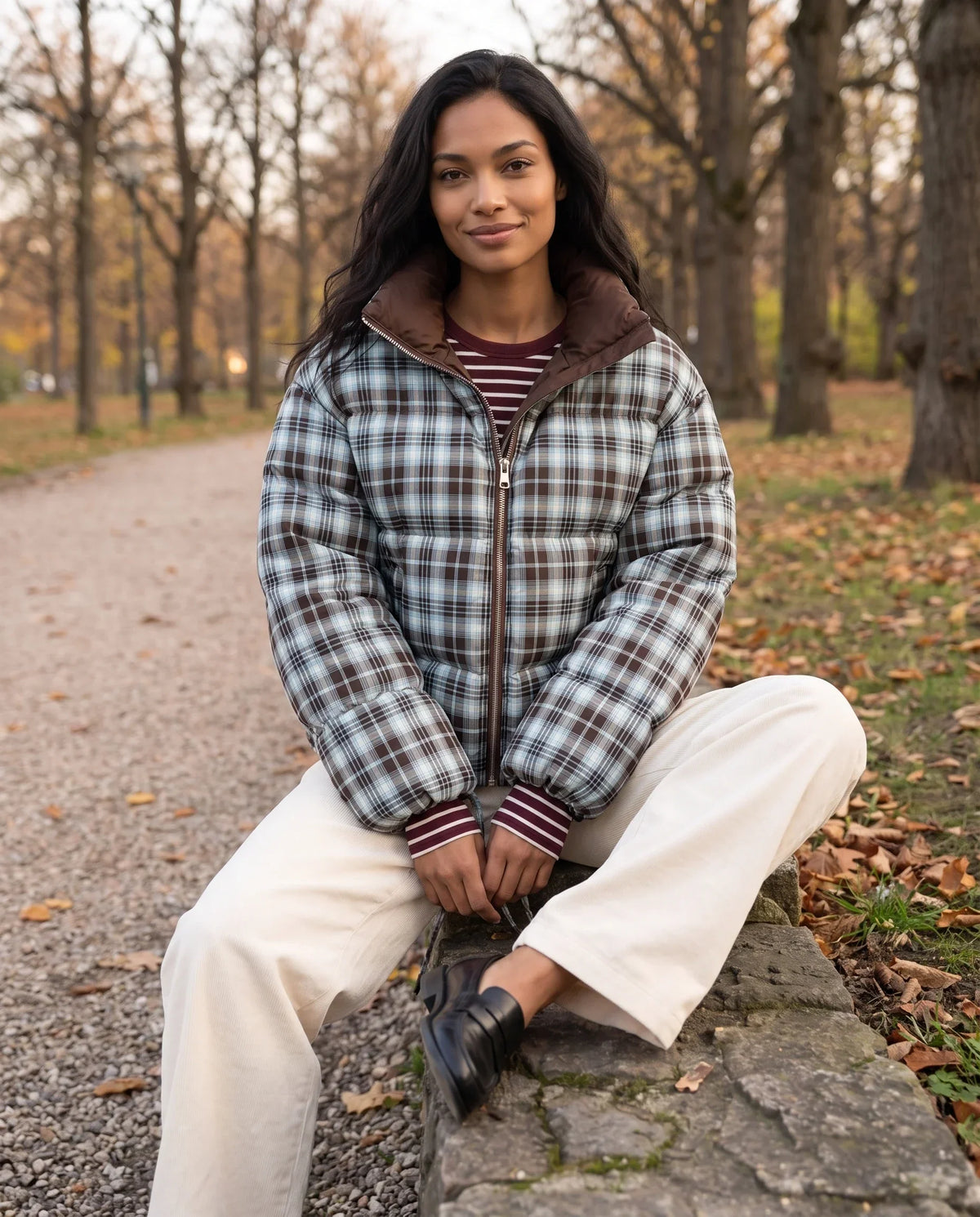Short Reversible Puffer Jacket in Chocolate and Tartan