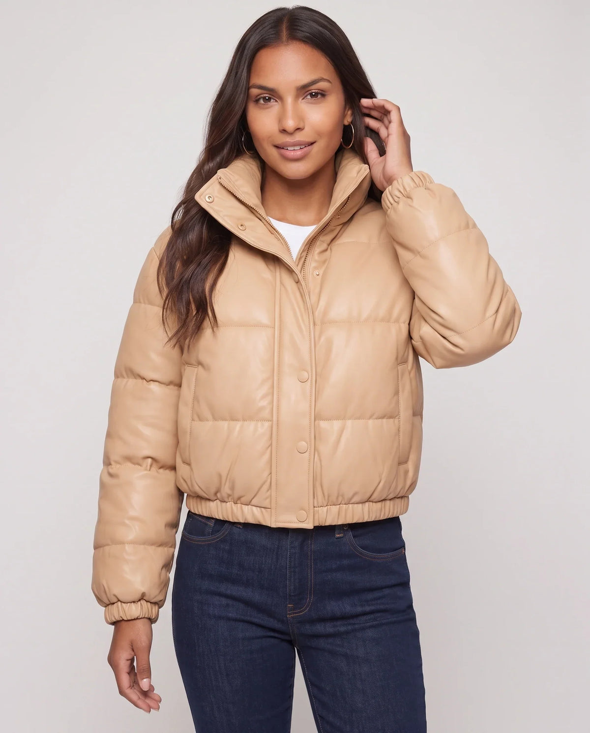 Short Faux Leather Puffer Jacket with Poppers