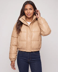 Short Faux Leather Puffer Jacket with Poppers