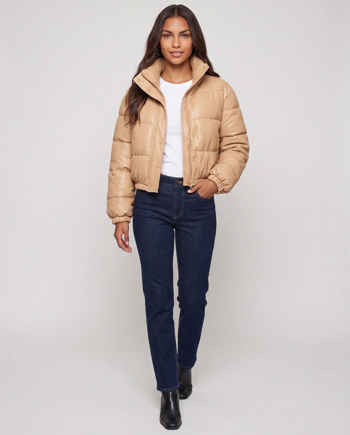Short Faux Leather Puffer Jacket with Poppers
